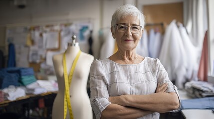 In a well-organized sewing room, a senior female tailor stands confidently with her arms crossed. Behind her is a mannequin adorned with a measuring tape, surrounded by various fabrics and materials