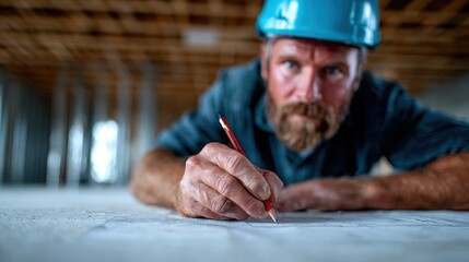 This focused image shows a construction worker diligently sketching architectural plans, symbolizing the hard work and dedication involved in creating new structures and dreams.