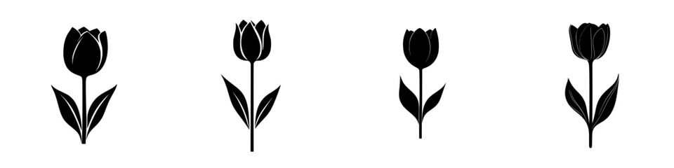 Silhouette pictograms of tulips showcasing various stages of bloom in a minimalist style