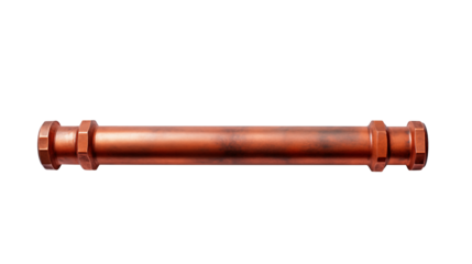 Metal pipe in copper tone with fittings rests Isolated on transparent Background