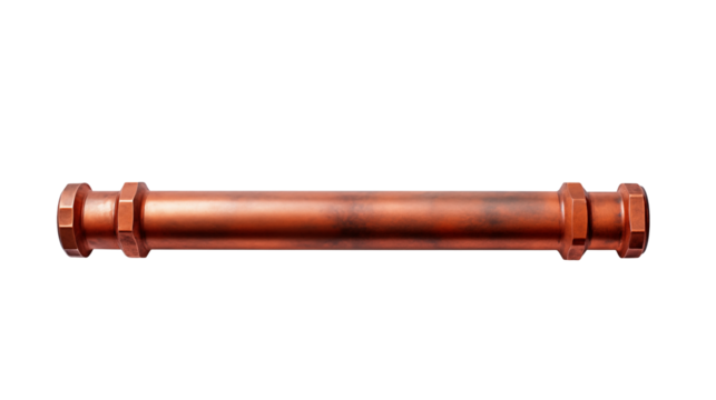 Metal pipe in copper tone with fittings rests Isolated on transparent Background