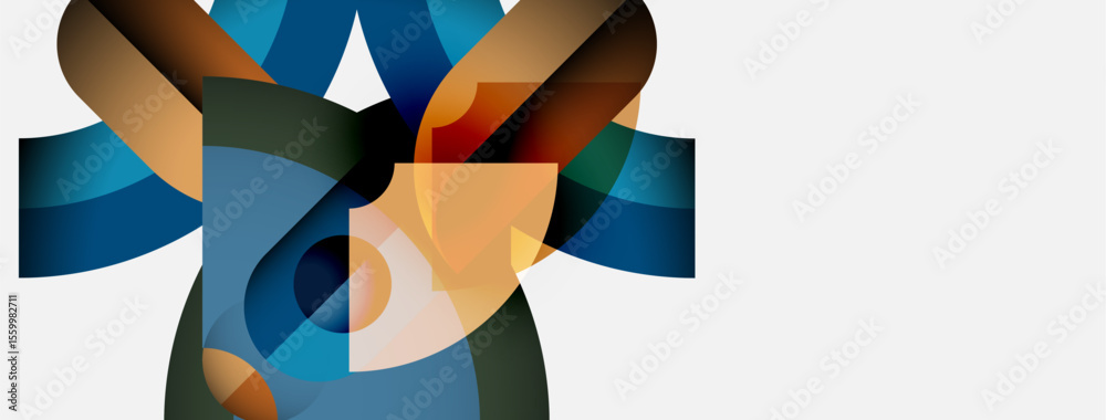 Poster abstract floral design. overlapping shapes create dynamic composition. blues, oranges, browns domina