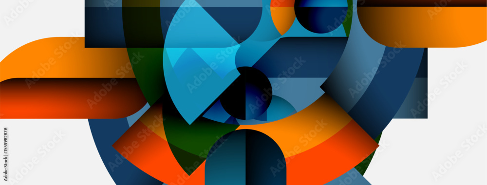 Poster abstract geometric composition. shapes overlap, creating dynamic visual interest. colors include blu