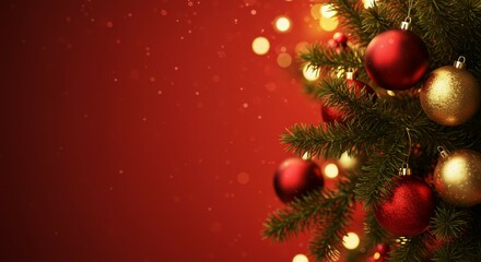 Decorated Fir Branch with Baubles on Festive Red Background