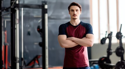 A young male fitness trainer stands confidently with arms crossed in a well-equipped gym