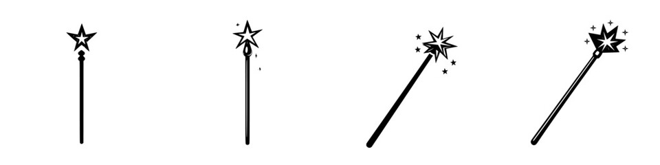 Collection of silhouette pictograms depicting magic wands with sparkling stars and dazzling effects suitable for various creative projects