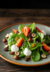 A gourmet salad featuring fresh green leaves, sliced strawberries, golden raisins, hazelnuts, soft white cheese, and toasted seeds, beautifully arranged on a rustic ceramic plate. 