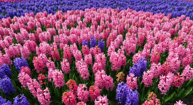 Blooming Hyacinth Field Displaying Vibrant Pink and Purple Flowers