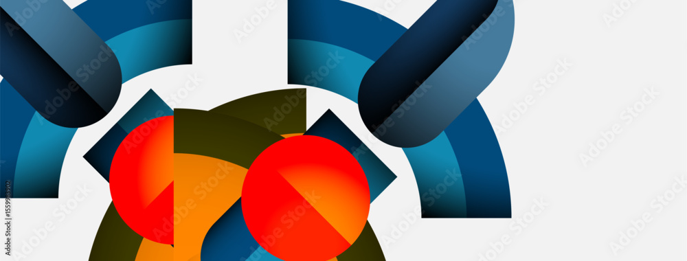 Poster abstract shapes overlap, creating dynamic composition. colors include blue, orange, green, red. mini