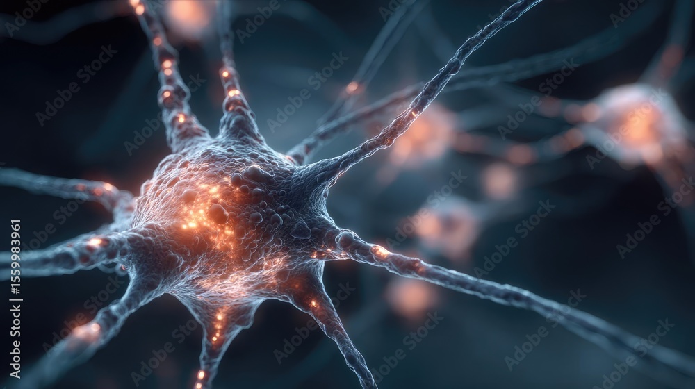 Aufkleber Neuro logic for adaptive neuron and biological concept. Illustration of a neuron with glowing connections and details.