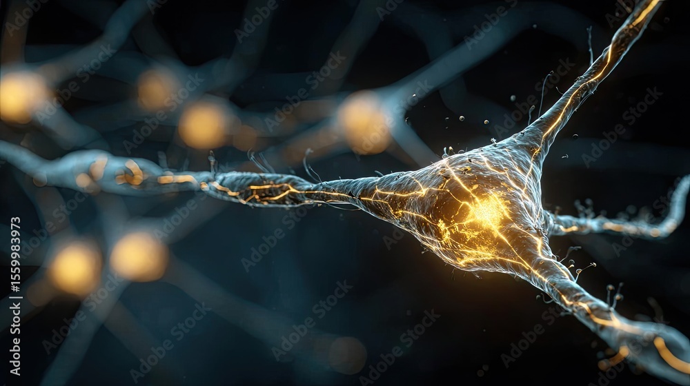 Aufkleber Neuro logic for adaptive neuron and biological concept. Close-up of a neuron with glowing synapse connections.