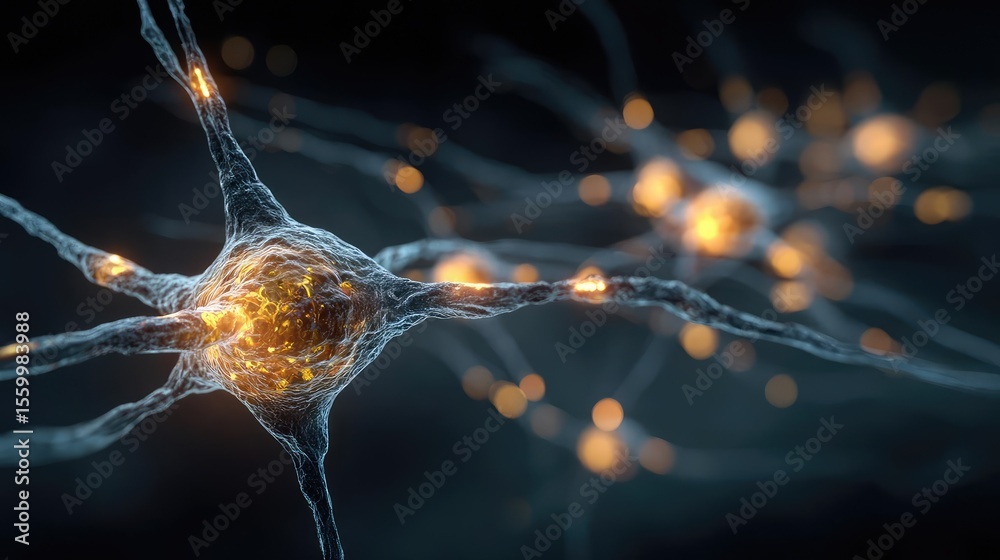 Aufkleber Neuro logic for adaptive neuron and biological concept. Close-up view of glowing neural cells signaling in the brain.