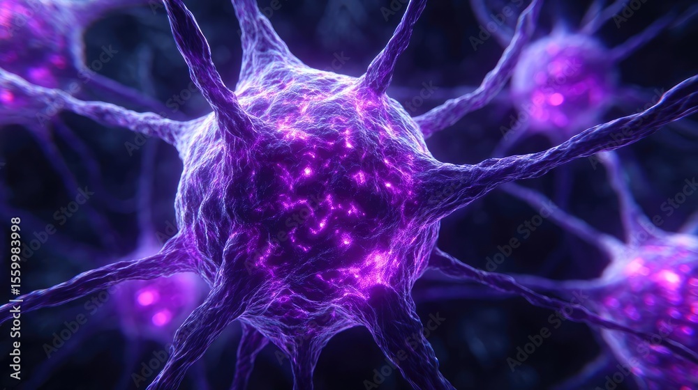 Poster neuro logic for adaptive neuron and biological concept. a close-up view of vibrant purple neurons in