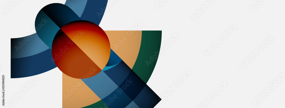 Fototapete abstract design features overlapping colorful shapes. orange sphere dominates composition, surrounde