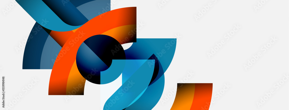 Aufkleber Abstract shapes overlap, creating dynamic composition. Colors blendblues, oranges, blacksforming modern visual experience. Smooth gradients enhance depth.