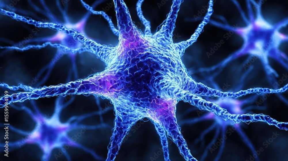 Poster Neuro logic for adaptive neuron and biological concept. Close-up of a vibrant neuron with blue and purple details.