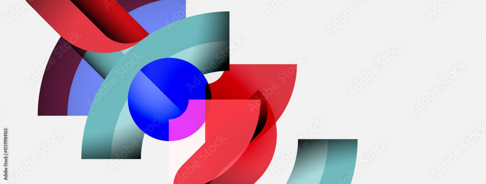Aufkleber Abstract composition features curved shapes, vibrant colors. Blue sphere intersects red, teal elements creating dynamic visual effect. Minimalist design.