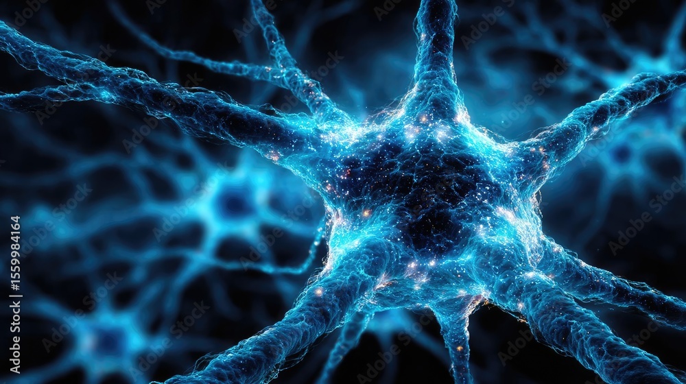 Aufkleber Neuro logic for adaptive neuron and biological concept. Close-up view of a glowing neuron in blue color scheme.