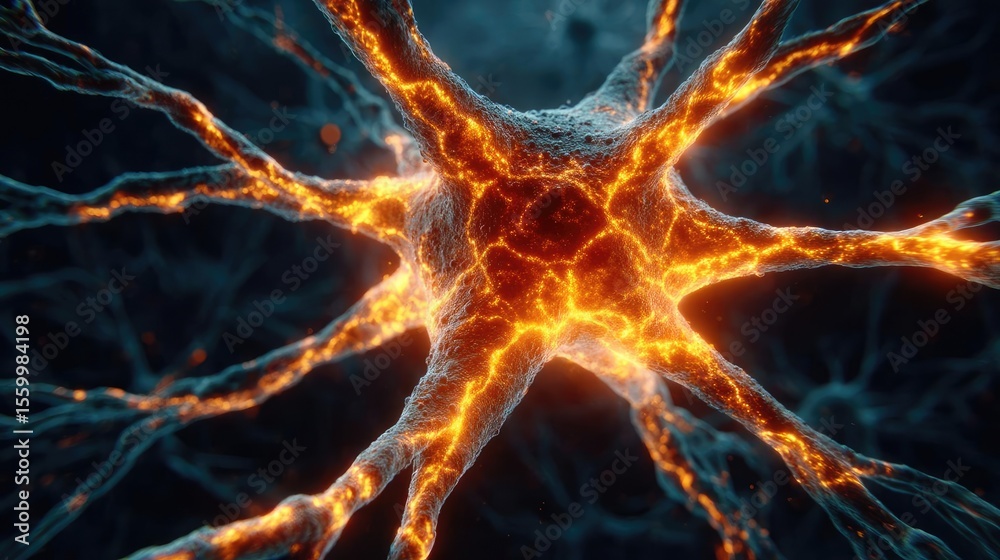 Aufkleber Neuro logic for adaptive neuron and biological concept. Close-up of a glowing neuron with intricate details and textures.
