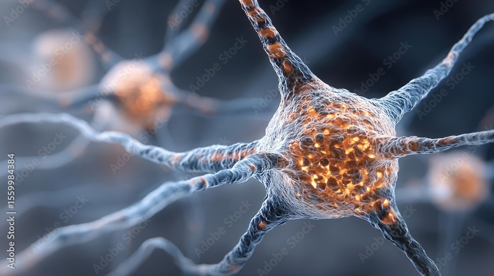 Poster Neuro logic for adaptive neuron and biological concept. Detailed microscopic view of neurons and neural connections.