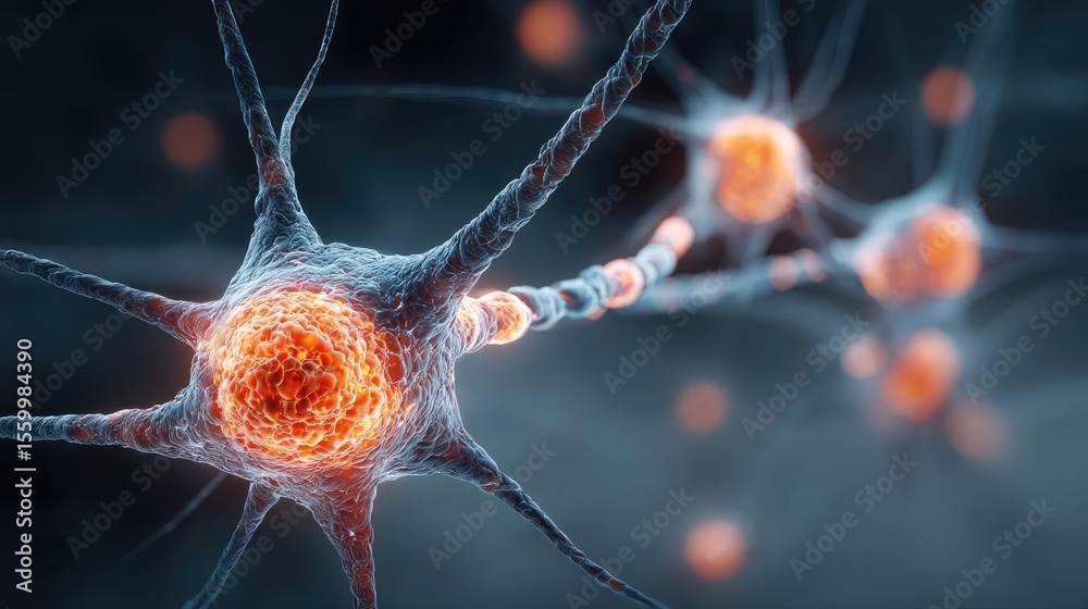 Aufkleber Neuro logic for adaptive neuron and biological concept. Close-up view of interconnected neurons with glowing details.