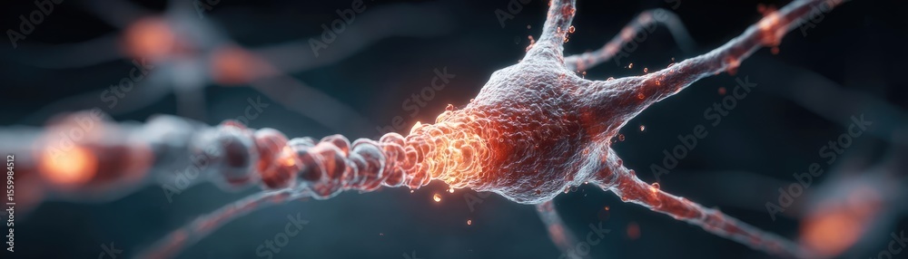 Poster Neuro logic for adaptive neuron and biological concept. Detailed visualization of a neuron with synapses and connections.