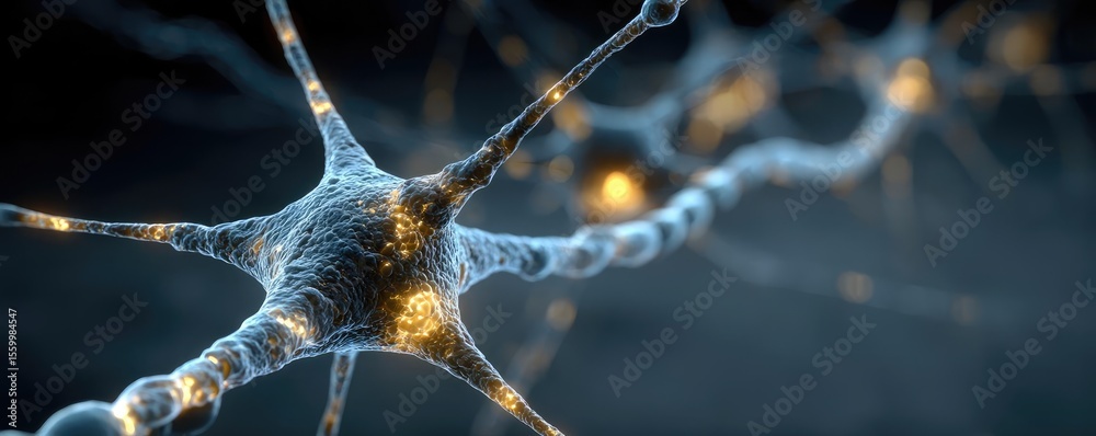 Aufkleber Neuro logic for adaptive neuron and biological concept. Close-up view of glowing neurons illustrating brain activity.