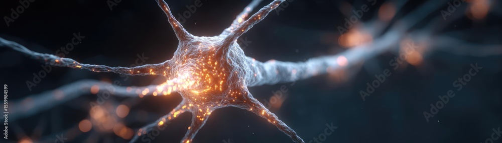Aufkleber Neuro logic for adaptive neuron and biological concept. Close-up view of a neuron showcasing detailed structure and glow.