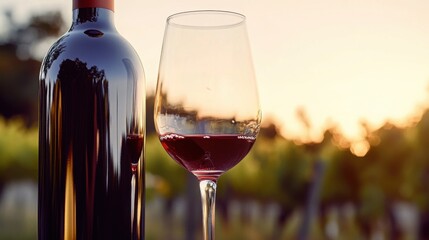 A glass of rich red wine ready for a relaxing evening in a golden vineyard light