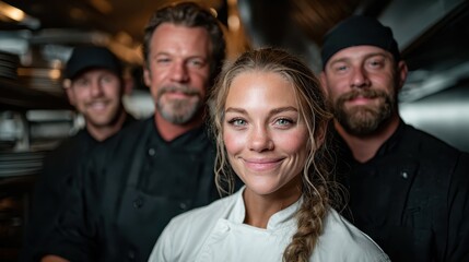A confident female chef smiling proudly with her team in a bustling kitchen, highlighting collaboration, culinary expertise, and the vibrant energy of a professional cooking environment.