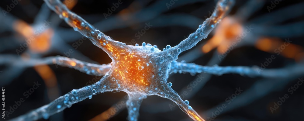 Aufkleber Neuro logic for adaptive neuron and biological concept. Close-up view of neuron cells showcasing vibrant details.