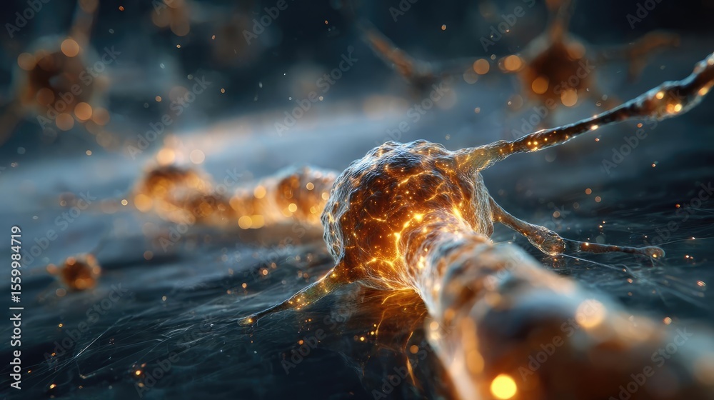 Aufkleber Neuro logic for adaptive neuron and biological concept. Close-up view of a neuron illustrating neural communication.