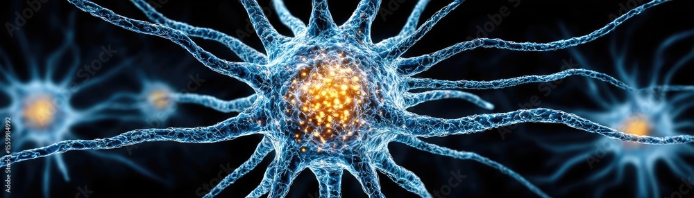 Poster Neuro logic for adaptive neuron and biological concept. Close-up view of glowing neurons and neural connections.
