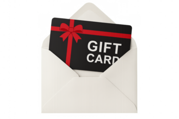 Gift card emerging from white envelope with transparent background