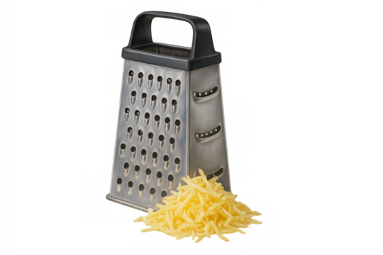 Grater resting near a pile of grated cheese on transparent background