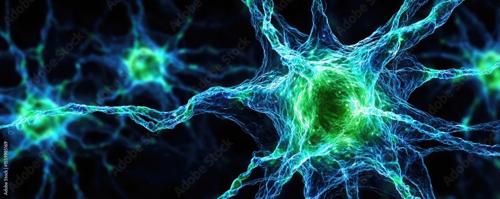 Poster Neuro logic for adaptive neuron and biological concept. A vibrant depiction of neurons interconnected with vibrant colors.