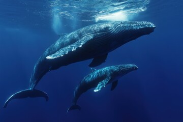 Fototapeta premium A whale in the deep ocean with its two babies, A deep ocean scene featuring a mother whale and her two young calves swimming together