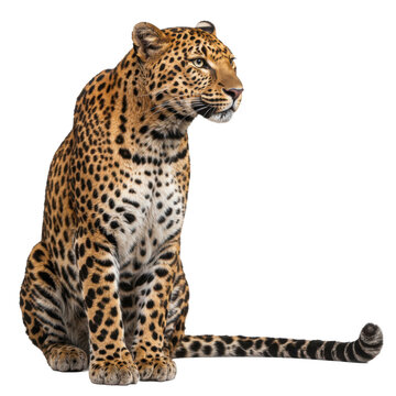 Leopard sitting in profile with distinctive spotted coat  