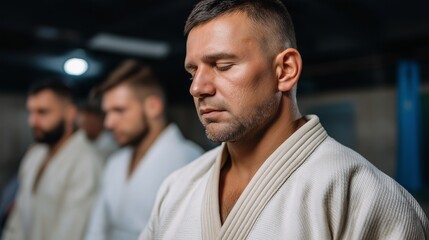 Obraz premium Aikido Pensive Moment: A close-up captures a focused Aikido practitioner, radiating introspection as he prepares. In the background, others stand ready.