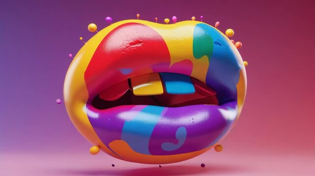Starting 3D stylized lips revealing rectangular blocks and rippling droplets in gradient backdrop