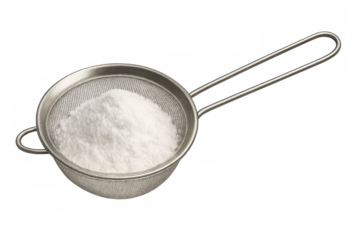 Sifting powdered sugar with metal strainer on transparent background