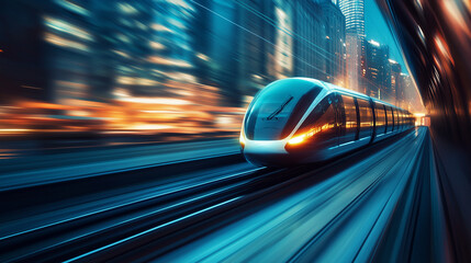 Sleek monorail glides through a futuristic cityscape, embodying advanced urban mobility and innovation.
