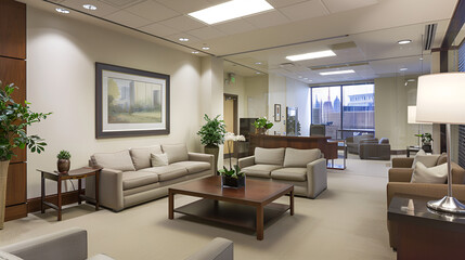 Comfortable reception area with sofas and plants offers a welcoming atmosphere in a modern office or commercial building.