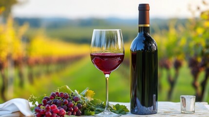 A glass of rich red wine vineyards in golden hues create a peaceful sunny scene