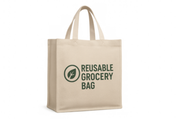Reusable grocery bag promoting sustainability on transparent background