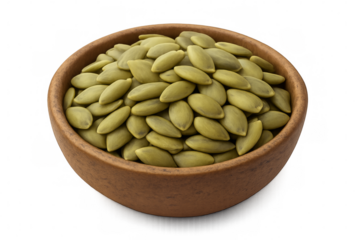 Pumpkin seeds filling a brown bowl on transparent background