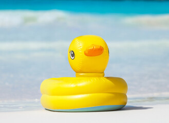 A Bright and Cheerful Yellow Inflatable Duck Pool Float Ready for Fun at the Beach