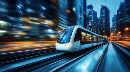Sleek monorail glides through a futuristic cityscape, embodying advanced urban mobility and innovation.
