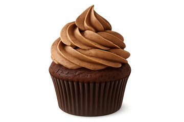 Delicious chocolate cupcake with swirling caramel frosting on transparent background