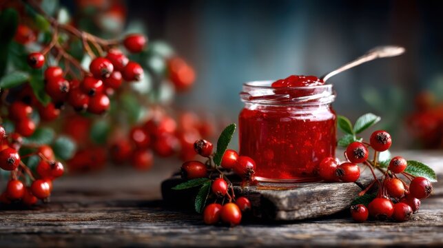 A jar of homemade jam sits atop a rustic wood board, accompanied by fresh hawthorn berries and greenery. This image evokes a sense of natural goodness and nostalgia.